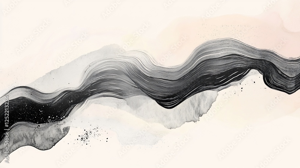 Poster abstract fluid painting with black brushstrokes and light color background creating a dynamic wave