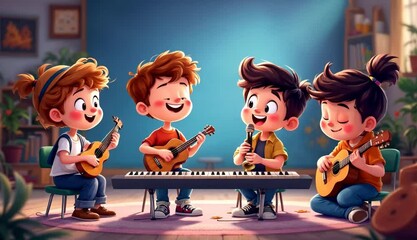 Joyful Melodies, Charming Cartoon Kids Band Performing Together - Powered by Adobe