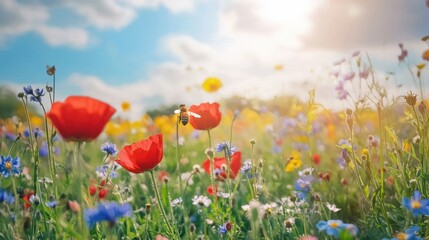 A vegetable garden in the countryside during summer, bordered by wildflowers and buzzing with bees. 