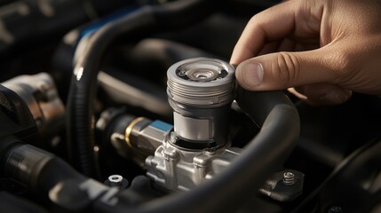 Obraz premium A mechanic placing the radiator cap back after topping off the coolant.