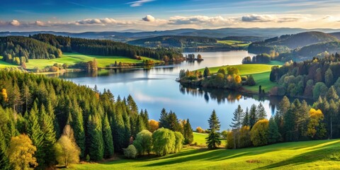 Fototapeta premium Rolling hills with tall trees and a serene lake in the background , serene views, scenery