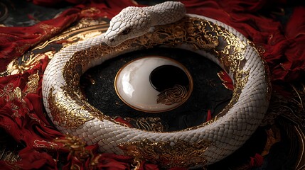A white snake adorned with gold encircles a yin yang symbol