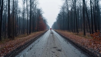 Obraz premium Empty Road Through Autumn Forest With Person