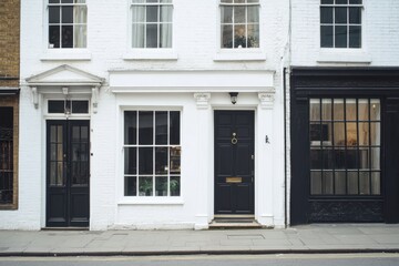 Charming residential facades showcasing classic architecture in an urban setting during the day, highlighting contrasting colors and details