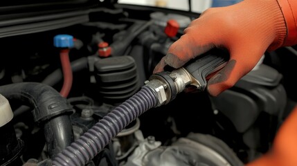 A mechanic using a hose removal tool to install a new radiator hose securely.