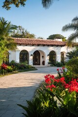 Fototapeta premium A delightful white house nestled amidst vibrant gardens filled with colorful blooms, creating a picturesque and peaceful atmosphere on a bright, sunny day