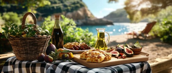 Fresh Mediterranean Feast with Olive Oil and Vegetables by the Sea