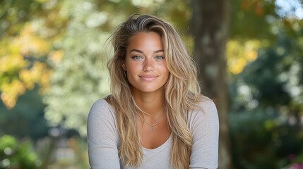 woman with long hair smiling in sunny park setting