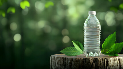 Eco-friendly water bottle on a natural wood stump surrounded by greenery in a forest environment