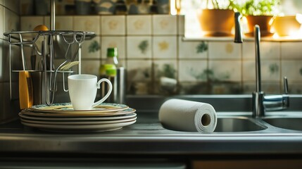 Close-up of a kitchen sink with a silver faucet and plates and cups stacked on top of one another 