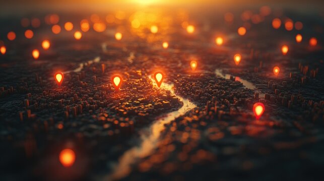 Miniature City Map with Vibrant Red Location Pins Urban Guide Navigation Landmarks Streets Parks Cafes Entertainment