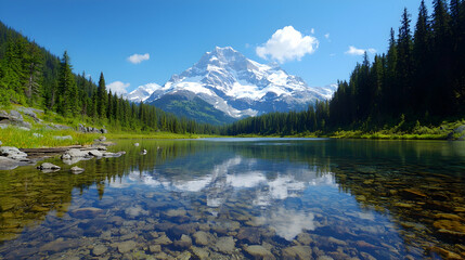 Mountain lake reflection, summer scenery, clear water, alpine background, nature postcard