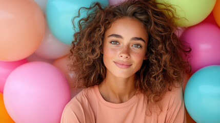 Naklejka premium young woman with curly hair smiles playfully among colorful balloons