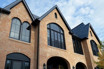 Obraz premium Beautiful brick building with large windows and elegant architecture set against a bright sky during the day in a suburban area