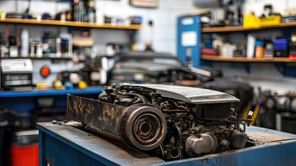 Fototapeta premium A removed fan belt hanging beside an engine ready for a new installation.