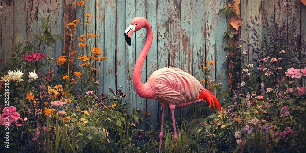 Poster a vintage yard flamingo placed in a rustic garden with wildflowers and rustic fencing.