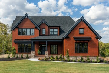 A stunning, contemporary brick house is nestled among lush greenery, illuminated by the warm rays of the sun, highlighting its intricate architectural details and beautifully designed landscaping