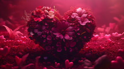 A heart-shaped floral arrangement with vibrant red and pink flowers on a red background, perfect for Valentine's Day.