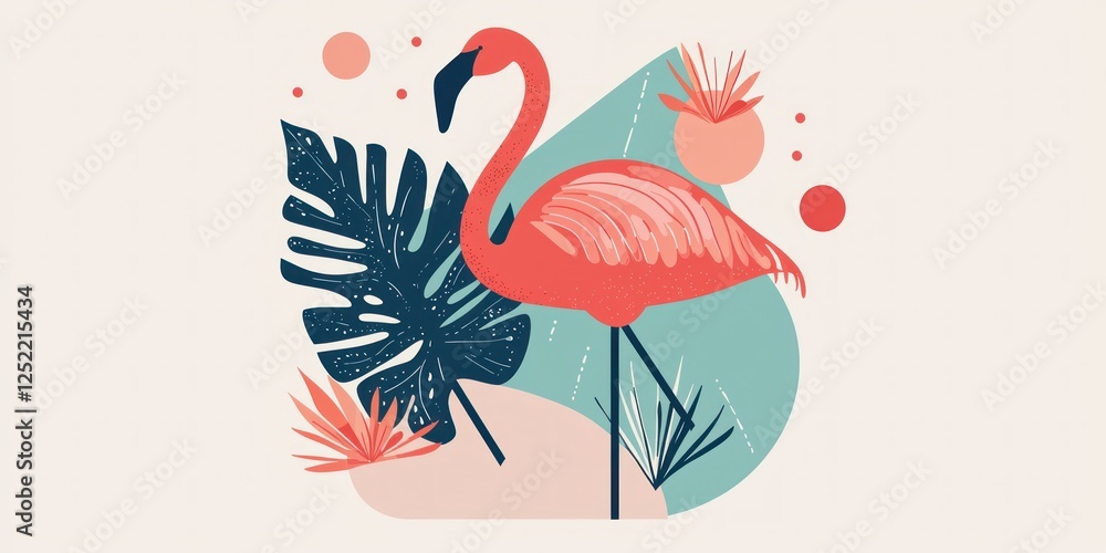Poster a whimsical flamingo icon featuring a combination of geometric and natural elements
