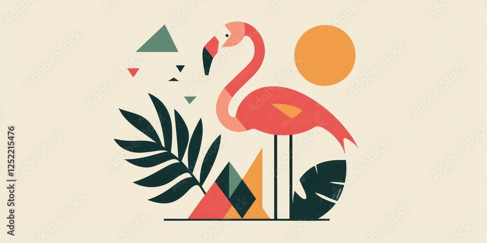 Poster A whimsical flamingo icon featuring a combination of geometric and natural elements 