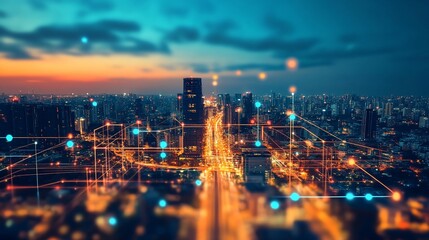 Fototapeta premium Connected Urban Landscape with Glowing Network Lines at Twilight Horizon