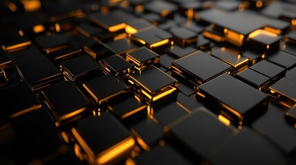 Obraz premium Abstract composition of interlocking black and orange geometric shapes creating a modern digital landscape