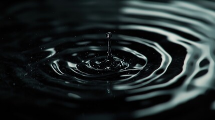 Close-up of a water droplet creating ripples in a dark pool, evoking tranquility and movement