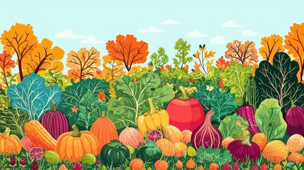 A whimsical vegetable garden vector with cartoon-style vegetables and bright, playful colors. 