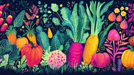 A whimsical vegetable garden vector with cartoon-style vegetables and bright, playful colors. 