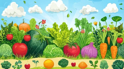 A whimsical vegetable garden vector with cartoon-style vegetables and bright, playful colors. 