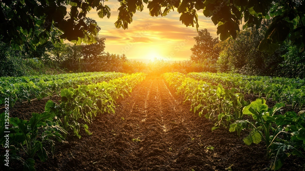 Aufkleber a wide view of a vegetable garden at sunset, with rows of plants framed by trees and glowing light.