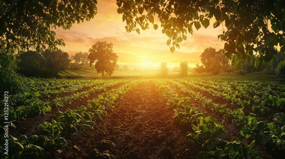 Poster a wide view of a vegetable garden at sunset, with rows of plants framed by trees and glowing light.