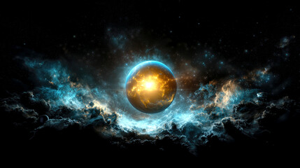 Obraz premium A vivid cosmic scene features a luminous planet at its center, surrounded by vibrant blue and gold clouds.