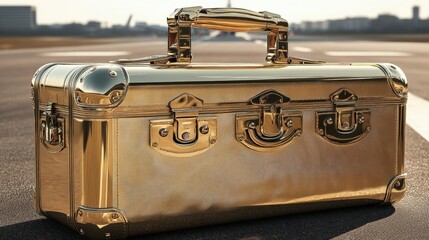 Gold Vintage Suitcase On Airport Runway