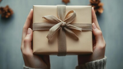 Minimalist soft-focused image of gift box in delicate hands top view natural light Scandinavian design