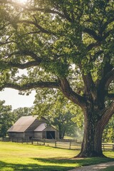 A charming rustic barn is nestled amidst vibrant green foliage, basking in the warm glow of the early morning sun beneath a clear blue sky