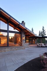 Fototapeta premium Modern cabin exterior featuring stone and wood design with large glass windows surrounded by evergreen trees during twilight