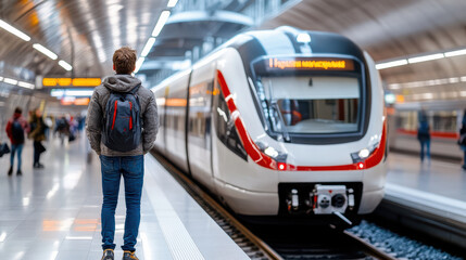 traveler waits at modern subway station for their train to arrive