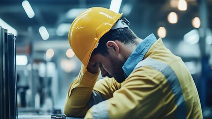 Exhausted industrial worker in factory wearing a safety helmet rests his head on hands