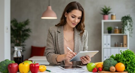 Woman in a kitchen using a tablet to plan meals surrounded by fresh vegetables and fruits