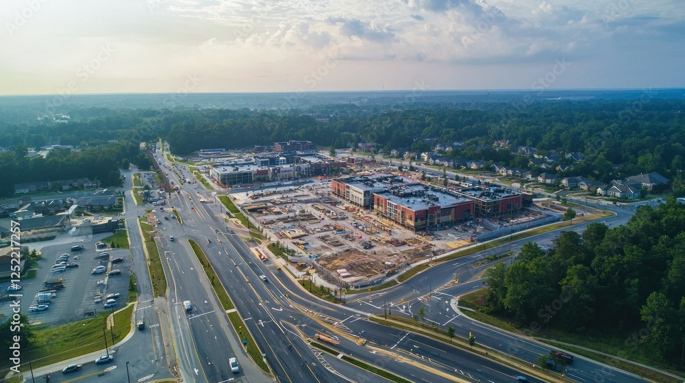 Poster Aerial view of a bustling urban area with multiple commercial property developments in progress. 