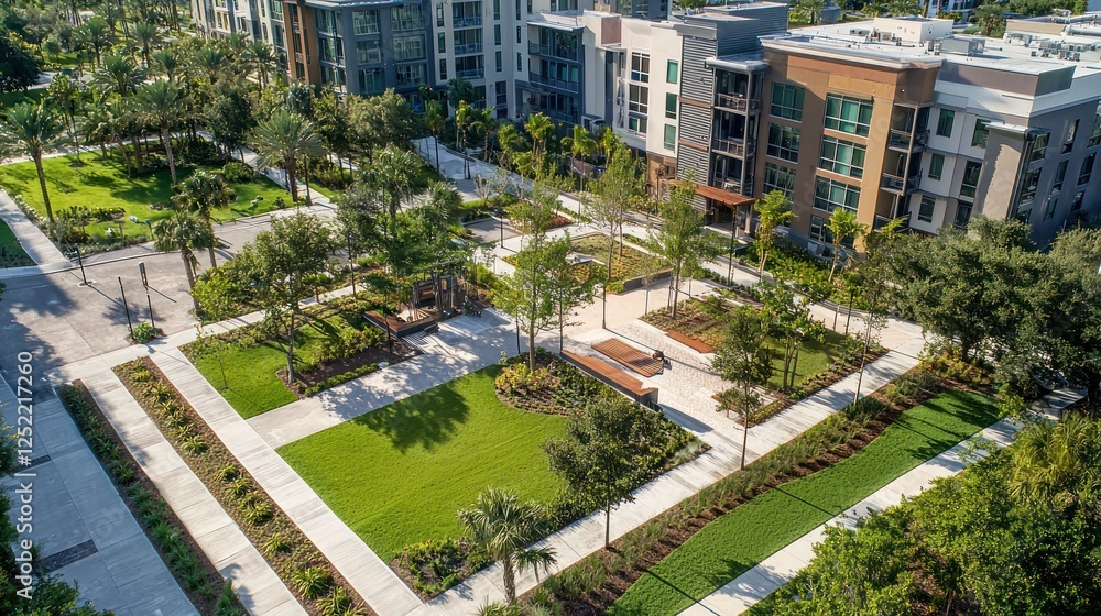 Aufkleber Aerial view of a community-oriented residential development with parks and shared spaces. 
