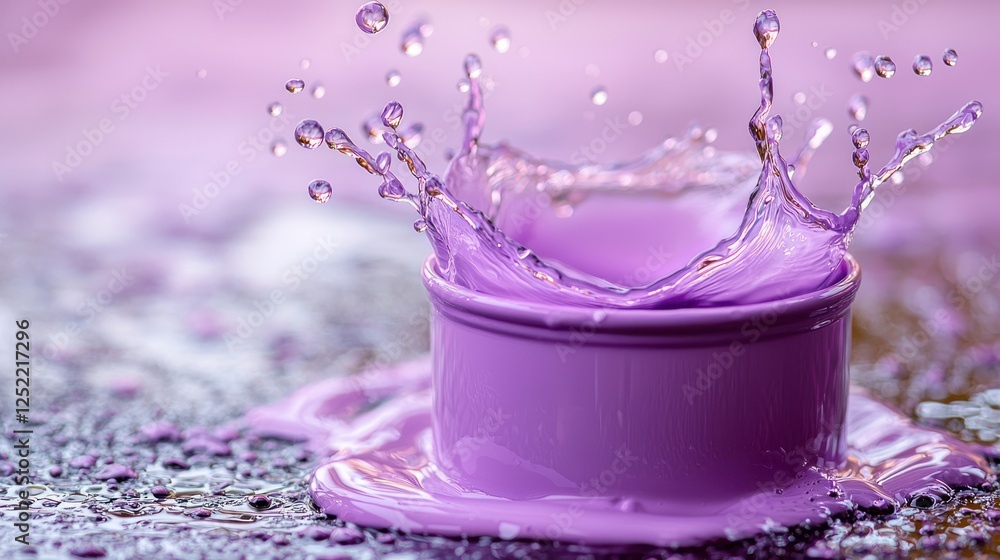 Poster purple liquid splashing into a container of paint