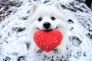 Cute american eskimo dog with fluffy red heart on a walk in a winter garden. American eskimo dog - my treasured dog, symbol of friendship. Commercial domestic animal idea. Love in winter.