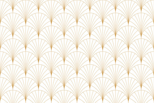Art deco seamless pattern with gold circle fan shape and line with transparent background. Elegant repeat texture in art nouveau style for textile, wrapping paper, wallpaper, card. Vector eps 10.