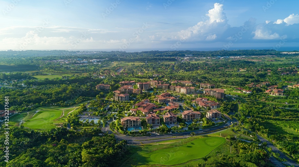 Poster Aerial view of a large residential property development surrounded by green spaces. 