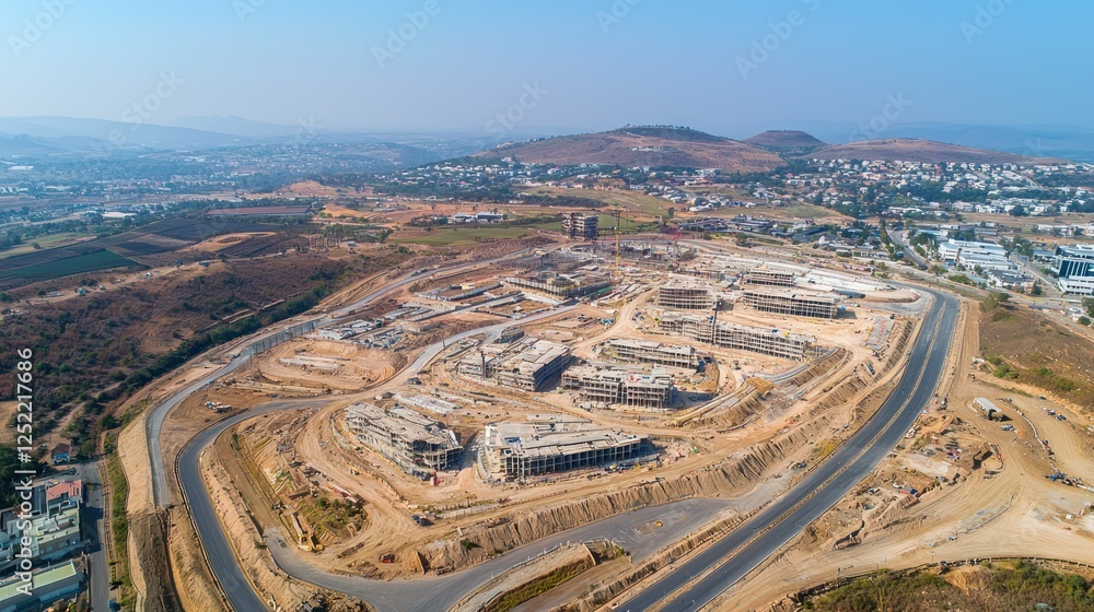 Poster Aerial view of a large-scale property development project in a South African city. 