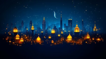 Illuminated Cityscape at Night Featuring Islamic Architecture