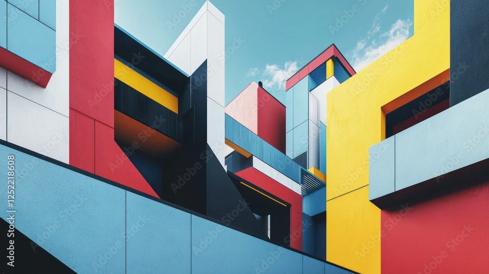 Poster An artistic interpretation of property development with geometric shapes and bold colors. 
