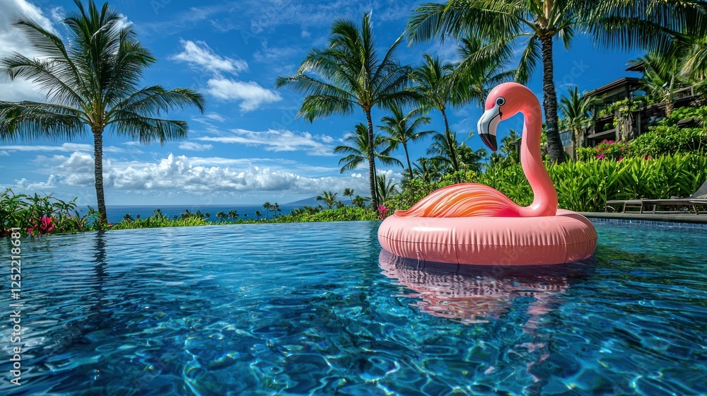 Poster An elegant flamingo floaty in a resort pool, set against a serene landscape with palm trees. 